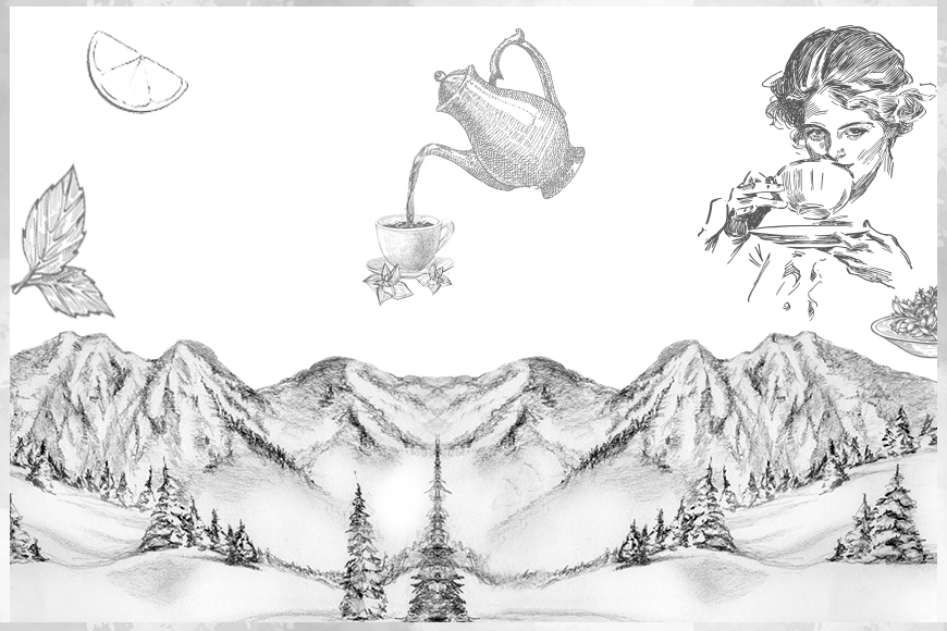 Snowy mountains, a woman sipping tea and a tea cup & kettle